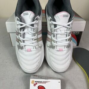 GDEFY Women’s Gravity Defyer White Leather with Pink and Silver  Athletic Shoes